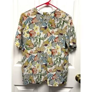 Christie & Jill Blouse Vintage Silk Floral Size Small Painterly Short Sleeve